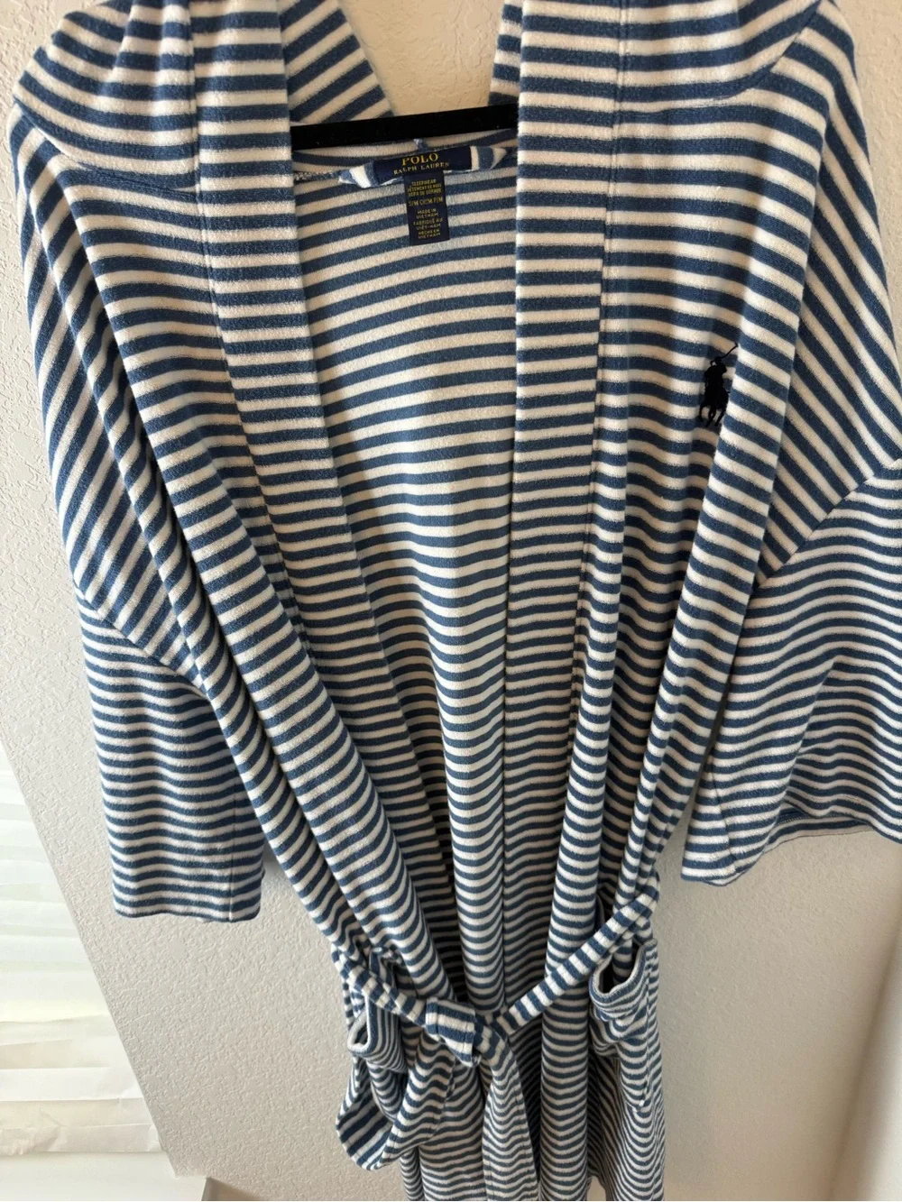 Polo by Ralph Lauren Mens Navy and White Striped Hooded Bath Robe S/M